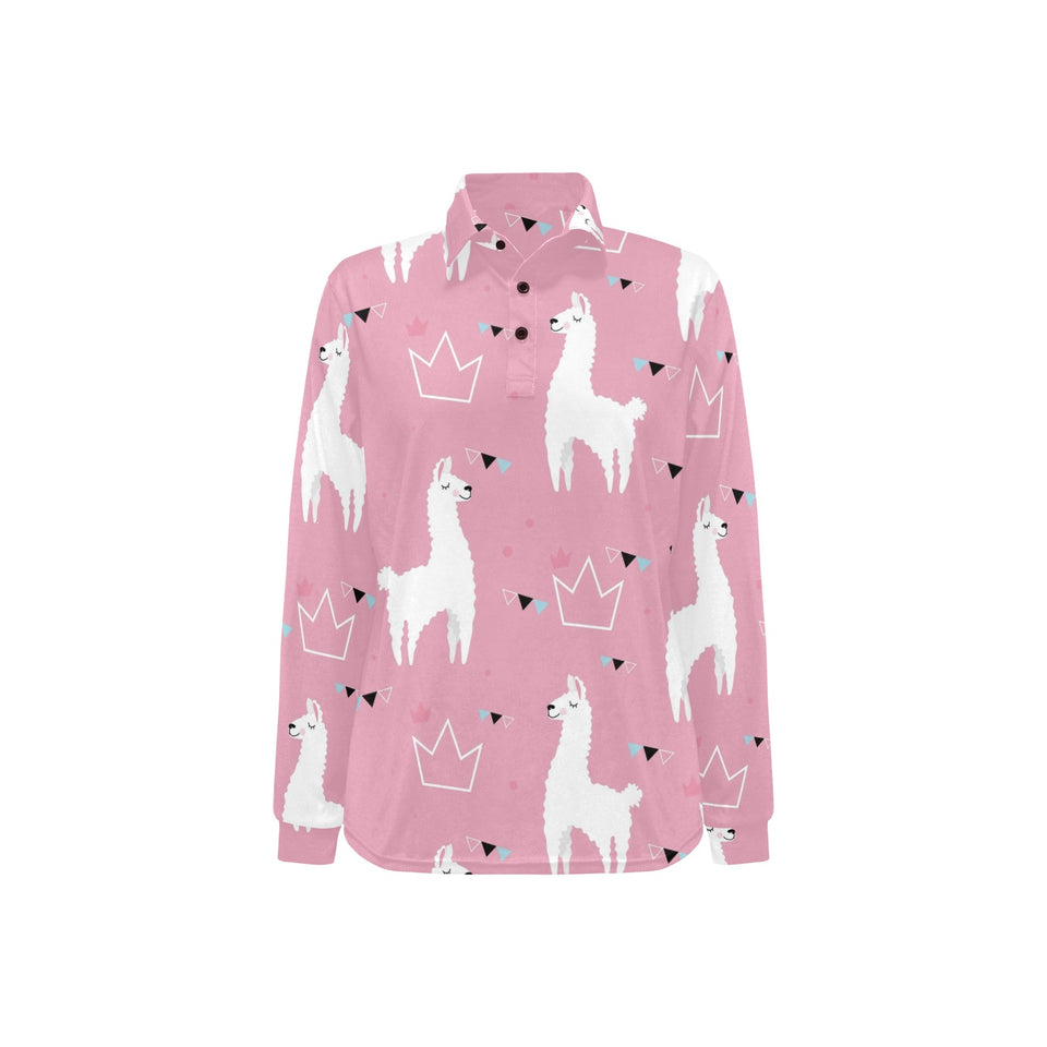 Llama Alpaca pink background Women's Long Sleeve Polo Shirt