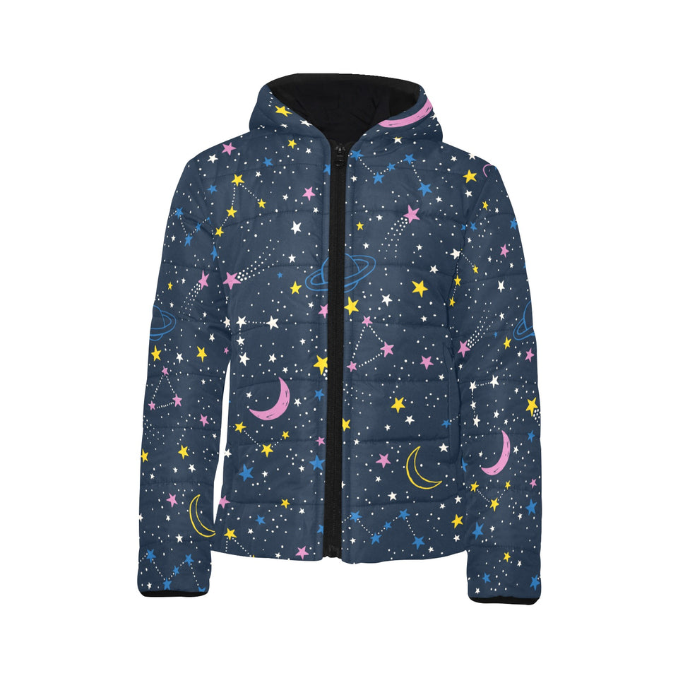 space pattern with planets, comets, constellations Kids' Boys' Girls' Padded Hooded Jacket