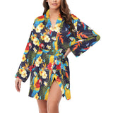 Colorful parrot flower pattern Women's Long Sleeve Belted Night Robe
