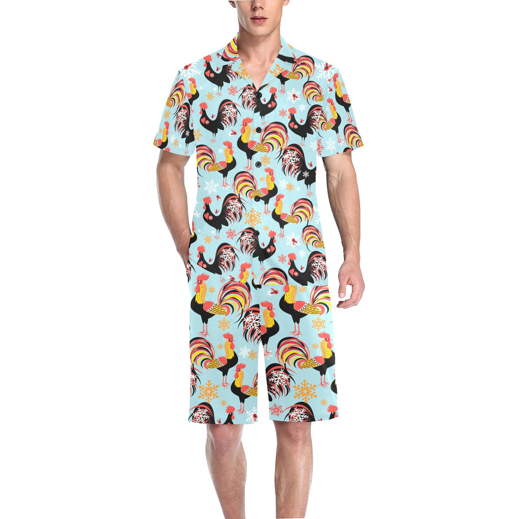 Rooster chicken cock snowfalke Men's V-Neck Short Pajama Set