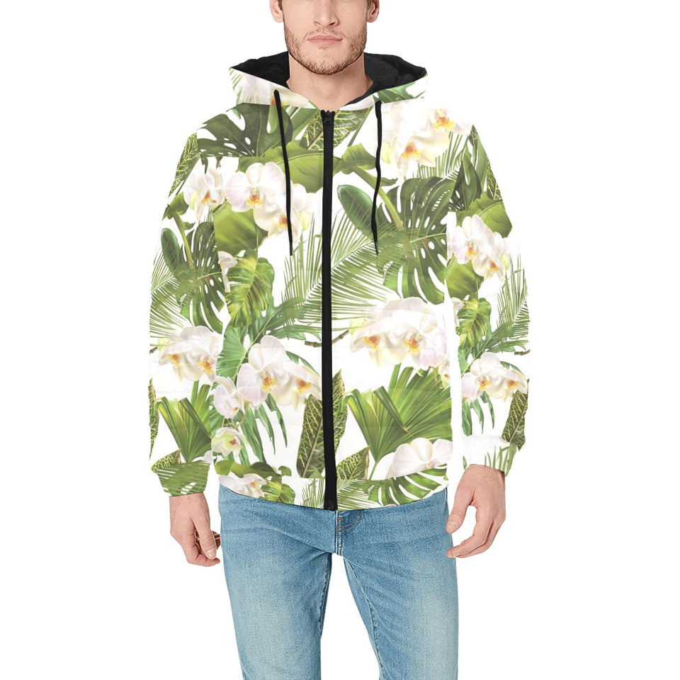 White orchid flower tropical leaves pattern Men's Padded Hooded Jacket