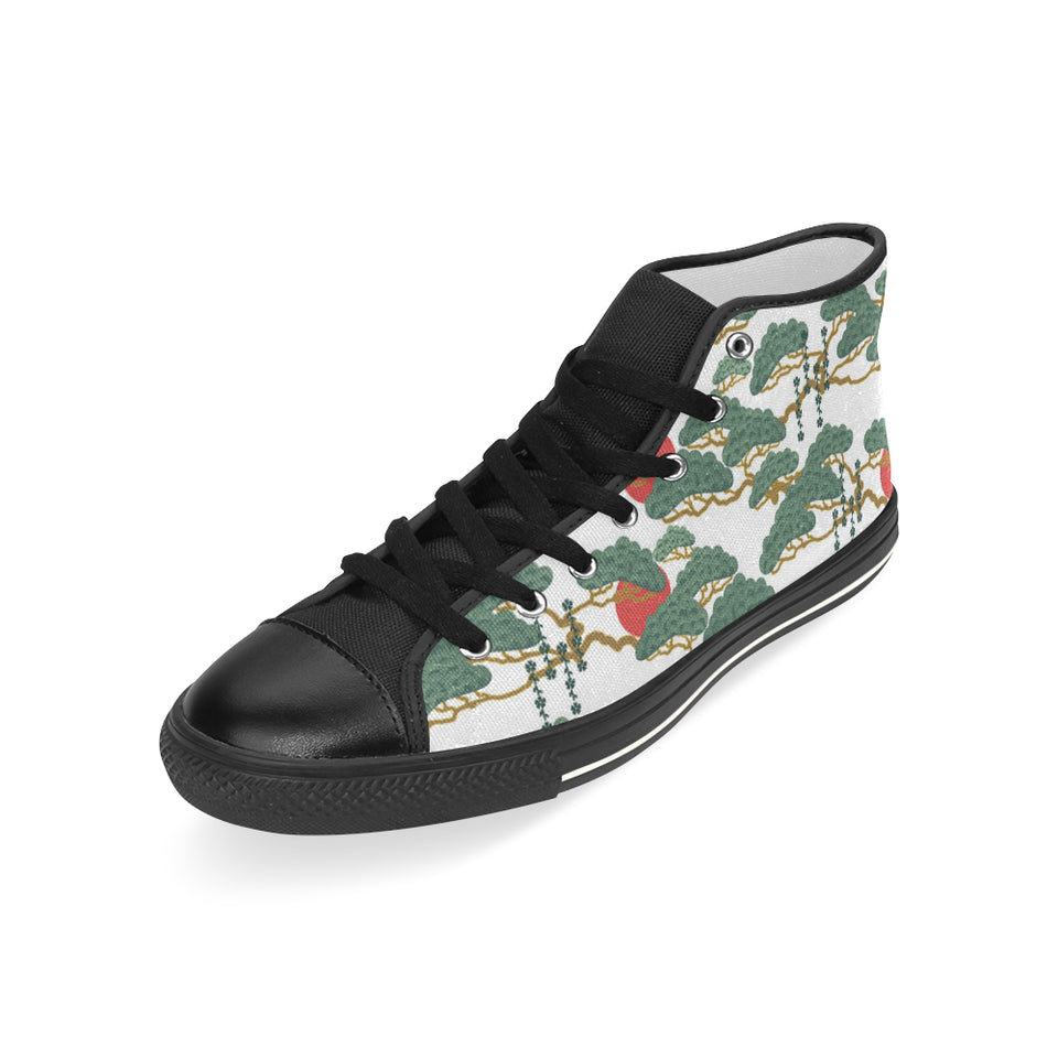 Bonsai red sun japanese pattern Men's High Top Canvas Shoes Black