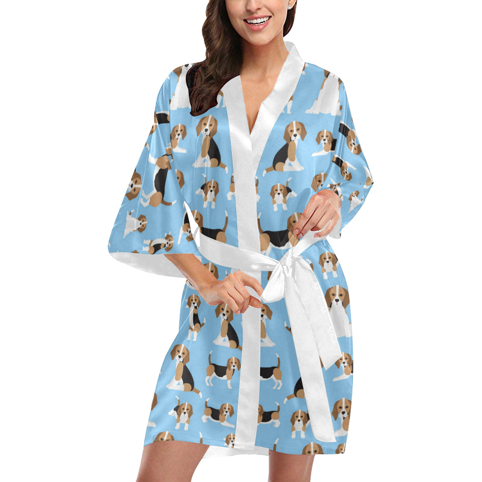 Beagle dog blue background pattern Women's Short Kimono Robe