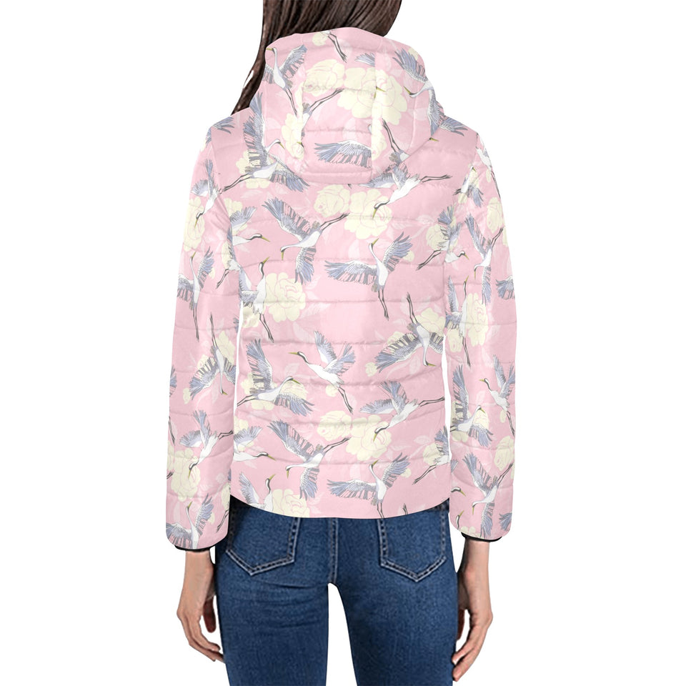 Japanese crane rose pattern Women's Padded Hooded Jacket