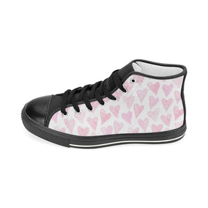 Watercolor pink heart pattern Women's High Top Canvas Shoes Black