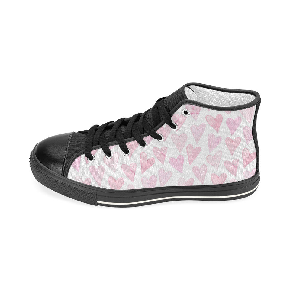 Watercolor pink heart pattern Women's High Top Canvas Shoes Black