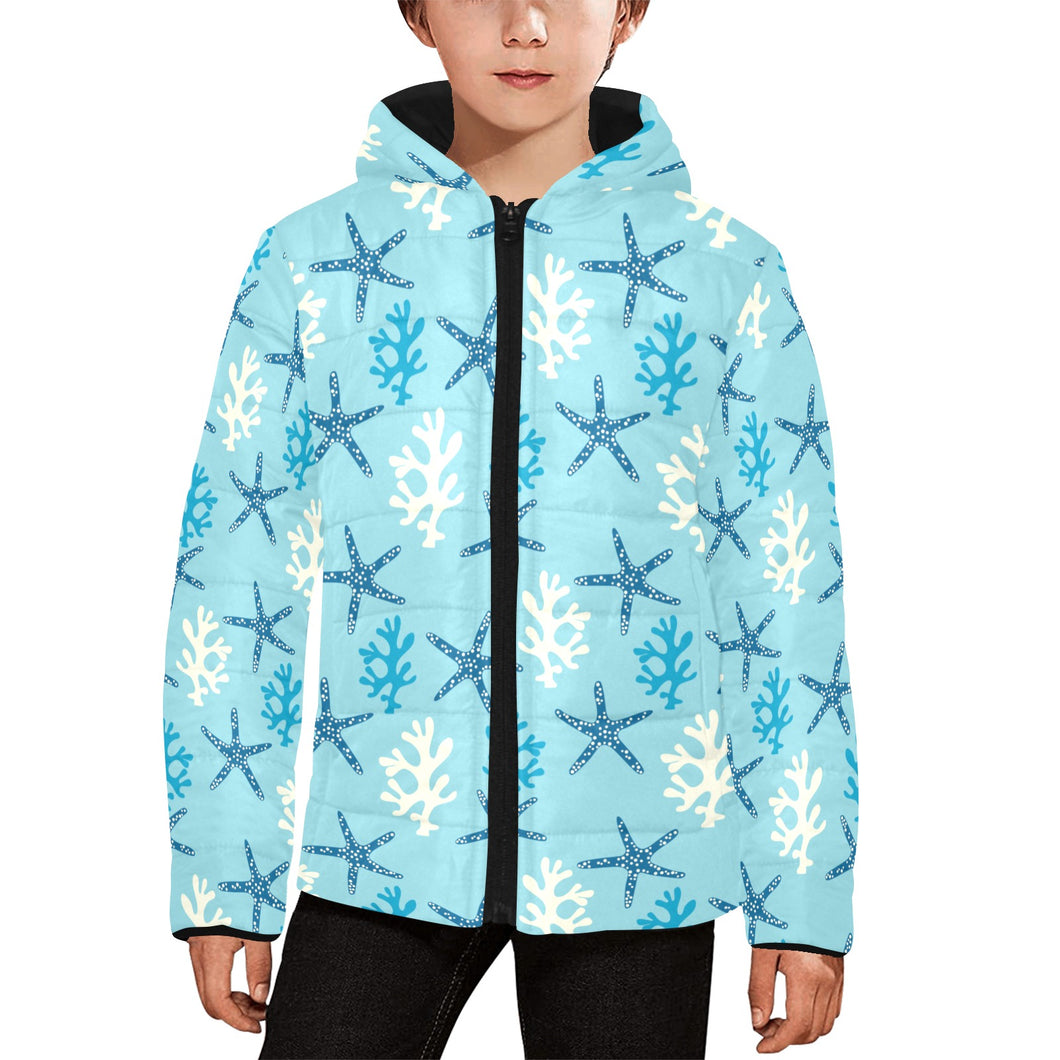 Blue starfish coral reef pattern Kids' Boys' Girls' Padded Hooded Jacket
