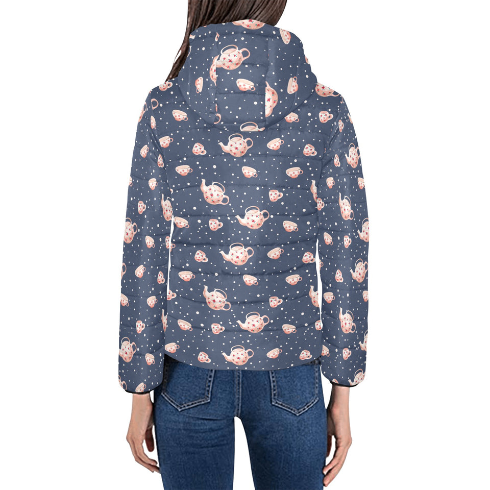 Tea pots Pattern Print Design 04 Women's Padded Hooded Jacket