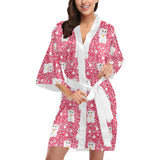 Maneki neko cat sakura pink background Women's Short Kimono Robe