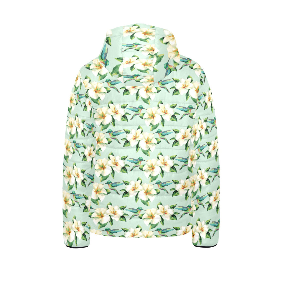 Hummingbird Pattern Print Design 01 Kids' Boys' Girls' Padded Hooded Jacket