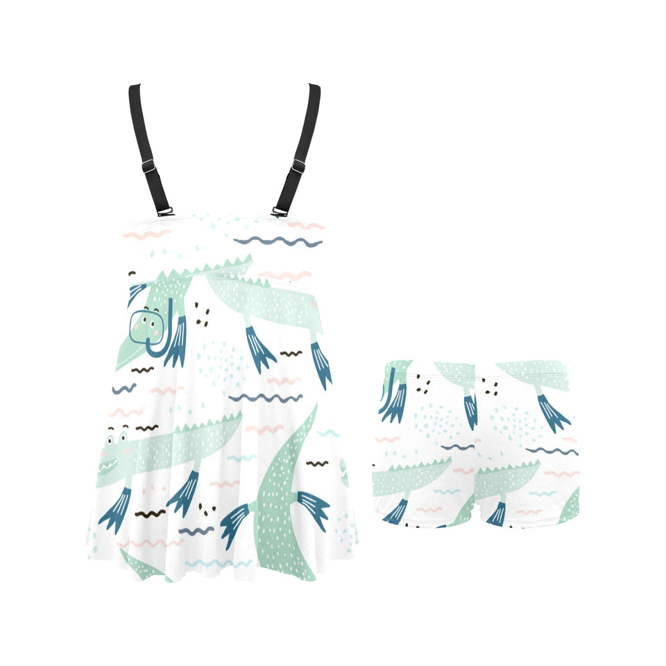 Crocodile diver pattern Chest Sexy Pleated Two Piece Swim Dress