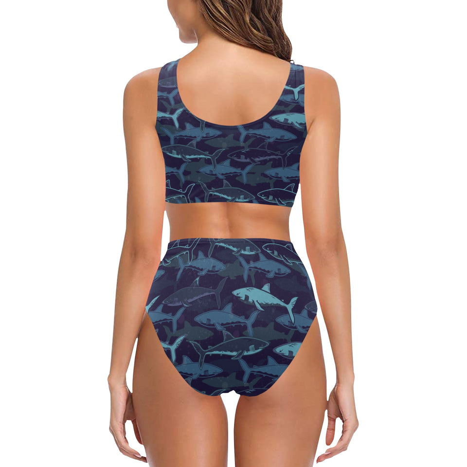 Shark pattern Chest Bowknot High Waisted Bikini Swimsuit