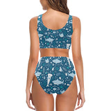 Cute shark pattern Chest Bowknot High Waisted Bikini Swimsuit