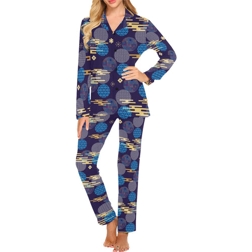 Blue japanese pattern cloud wave flower Women's Long Pajama Set