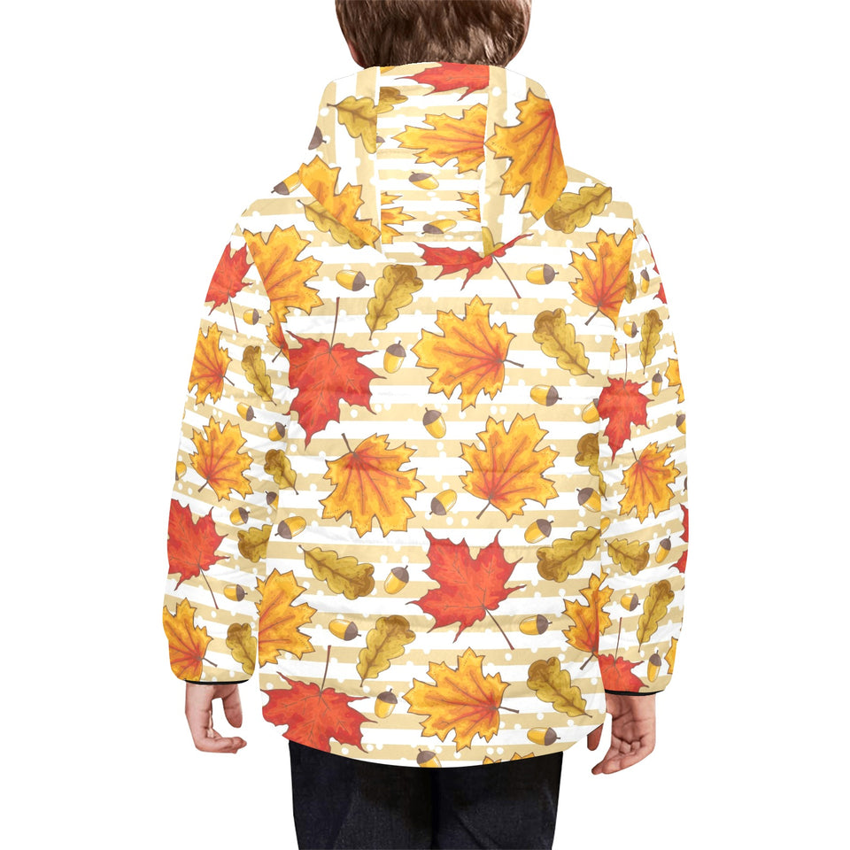 Maple leaf oak leaf acorns beige striped backgroun Kids' Boys' Girls' Padded Hooded Jacket