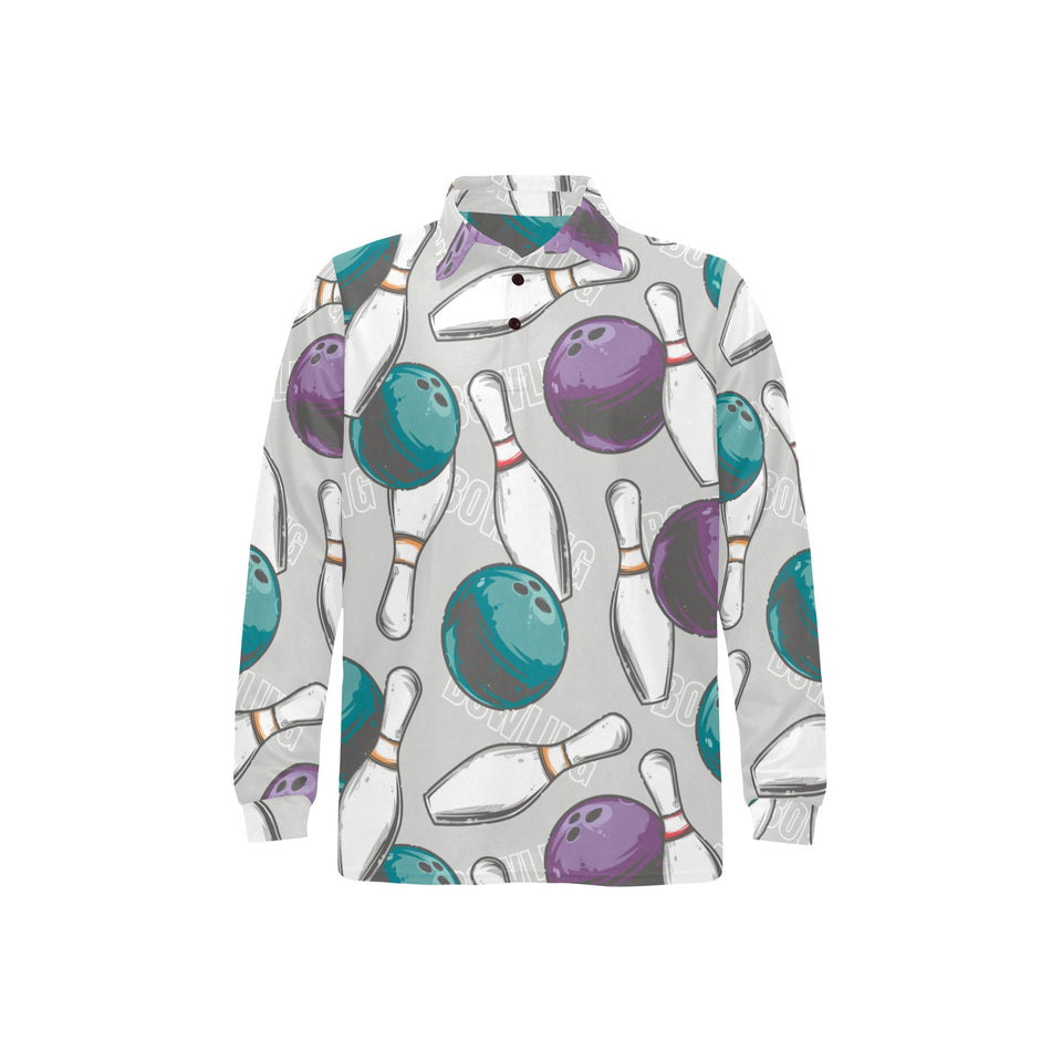 Bowling ball and pin gray background Men's Long Sleeve Polo Shirt