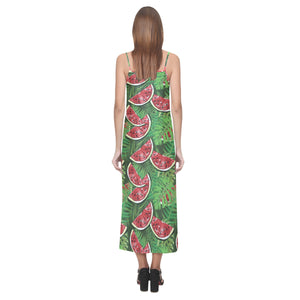 Watermelons tropical palm leaves pattern backgroun V-Neck Open Fork Long Dress