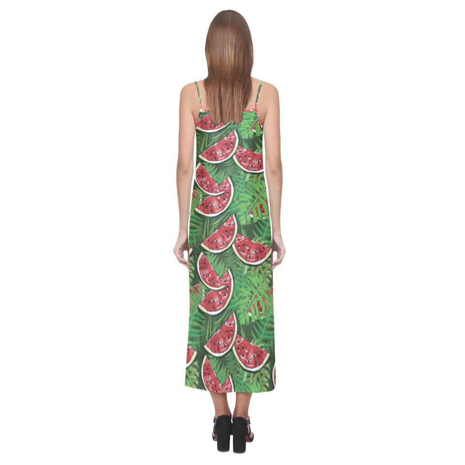 Watermelons tropical palm leaves pattern backgroun V-Neck Open Fork Long Dress