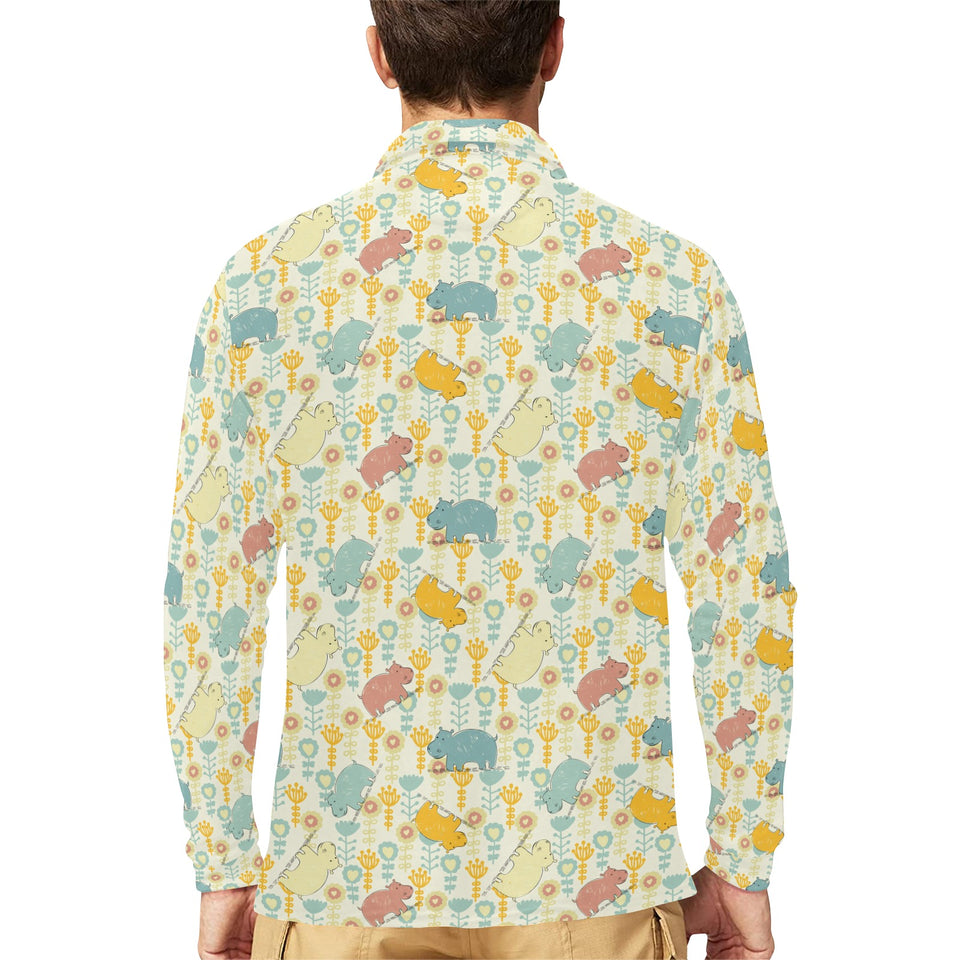 Hippopotamus Pattern Print Design 04 Men's Long Sleeve Polo Shirt