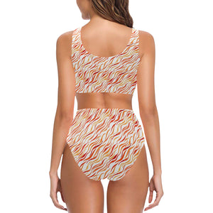 Fire flame watercolor pattern Chest Bowknot High Waisted Bikini Swimsuit