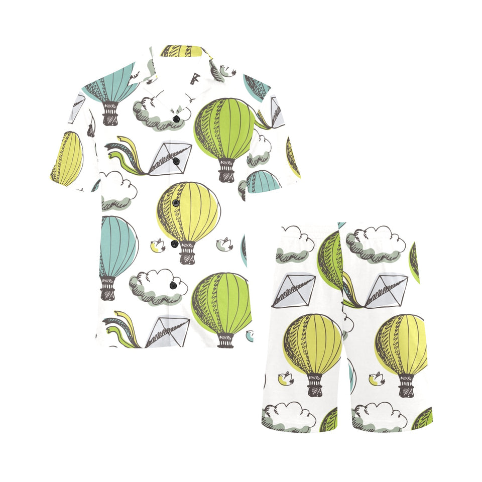 Hot Air Balloon Bird Cloud Pattern Men's V-Neck Short Pajama Set