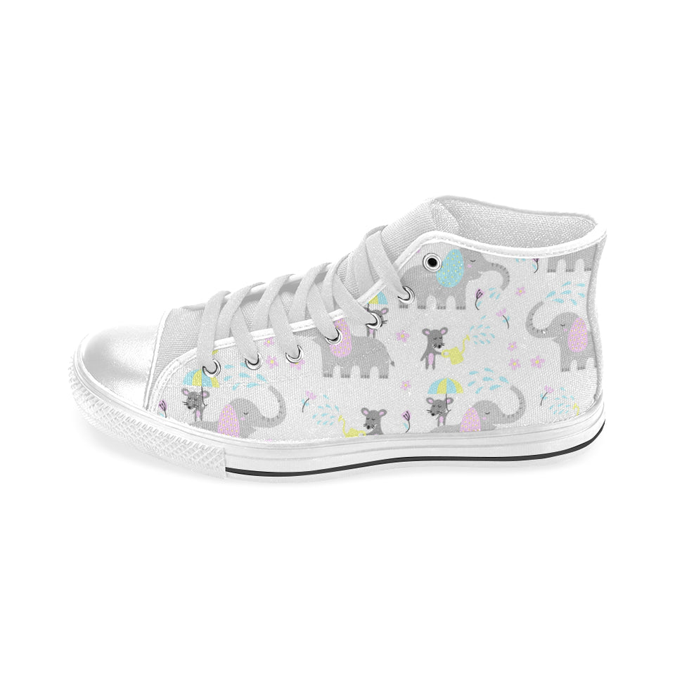 Cute elephant mouse pattern Men's High Top Canvas Shoes White