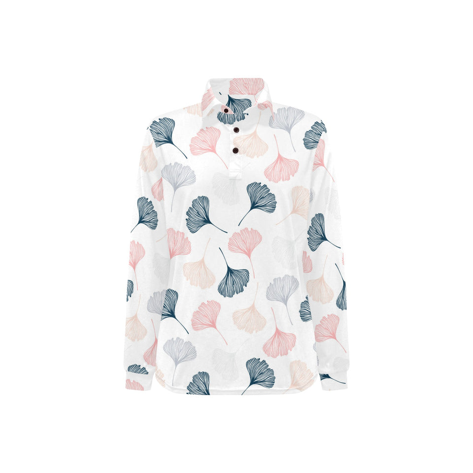 Black Gray Cream coral ginkgo leaves pattern Women's Long Sleeve Polo Shirt