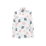 Black Gray Cream coral ginkgo leaves pattern Women's Long Sleeve Polo Shirt