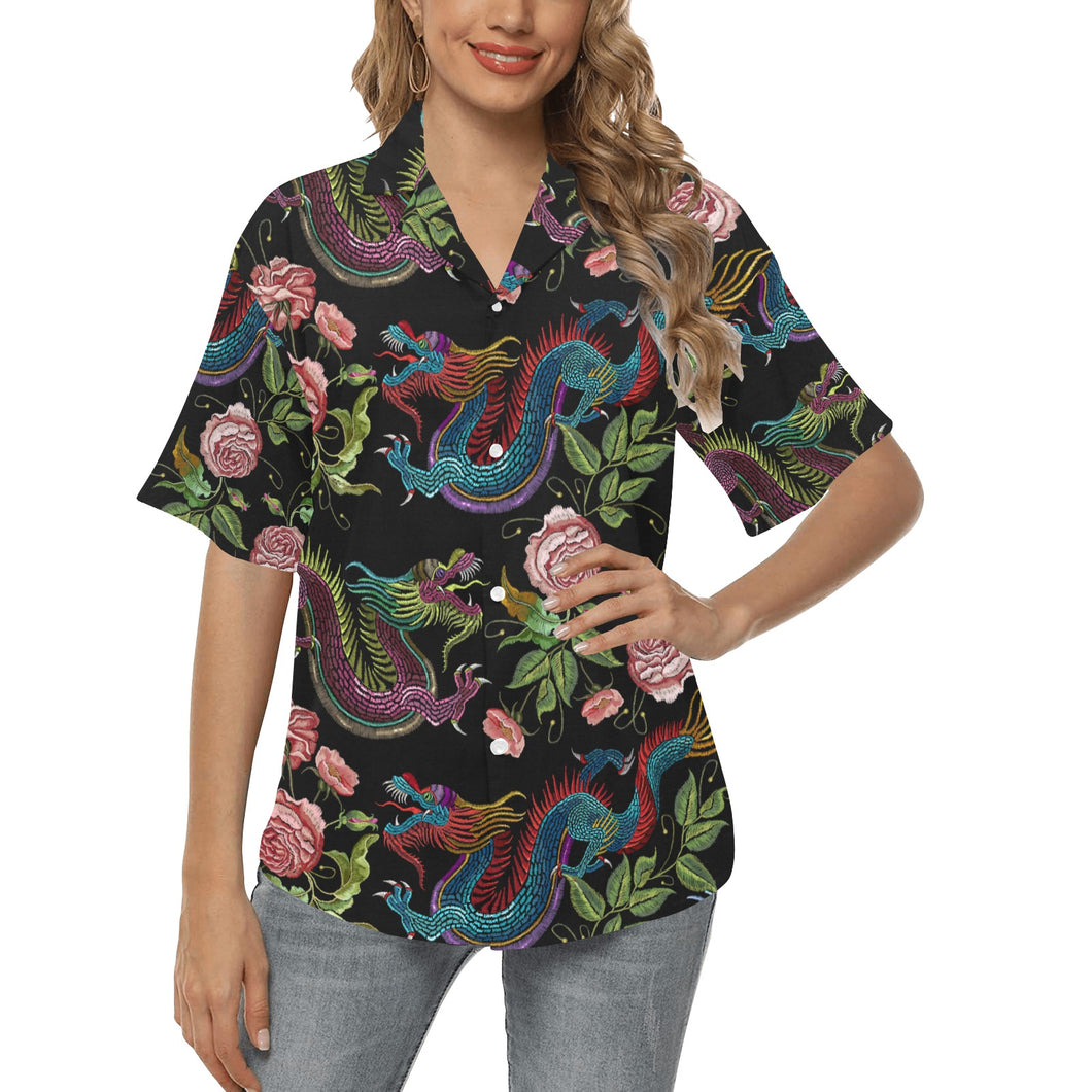 Dragons flower pattern Women's All Over Print Hawaiian Shirt