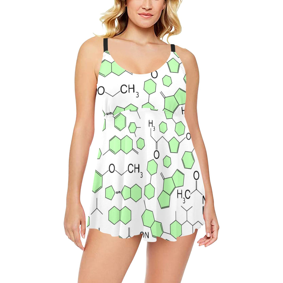 Chemistry Periodic Table Pattern Print Design 03 Chest Sexy Pleated Two Piece Swim Dress