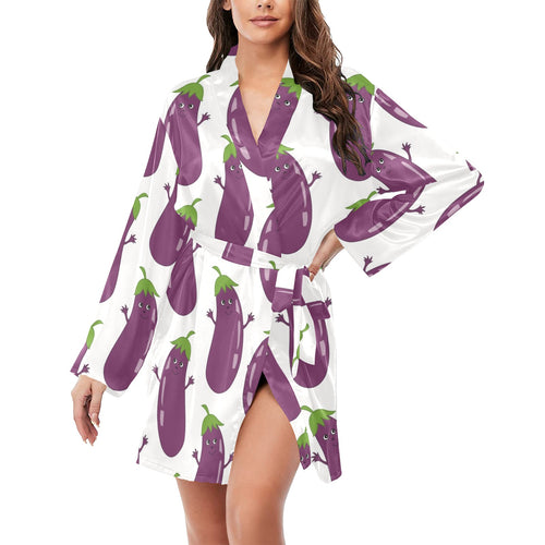 Eggplant Pattern Print Design 01 Women's Long Sleeve Belted Night Robe