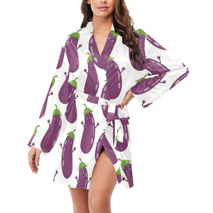 Eggplant Pattern Print Design 01 Women's Long Sleeve Belted Night Robe