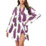 Eggplant Pattern Print Design 01 Women's Long Sleeve Belted Night Robe