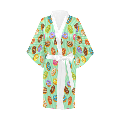 Colorful donut pattern green background Women's Short Kimono Robe