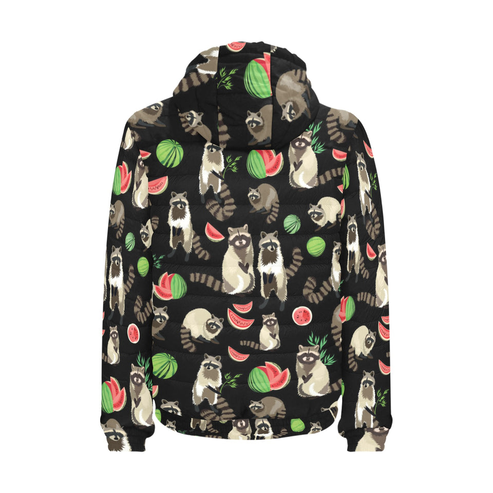 Raccoon watermelon pattern Men's Padded Hooded Jacket