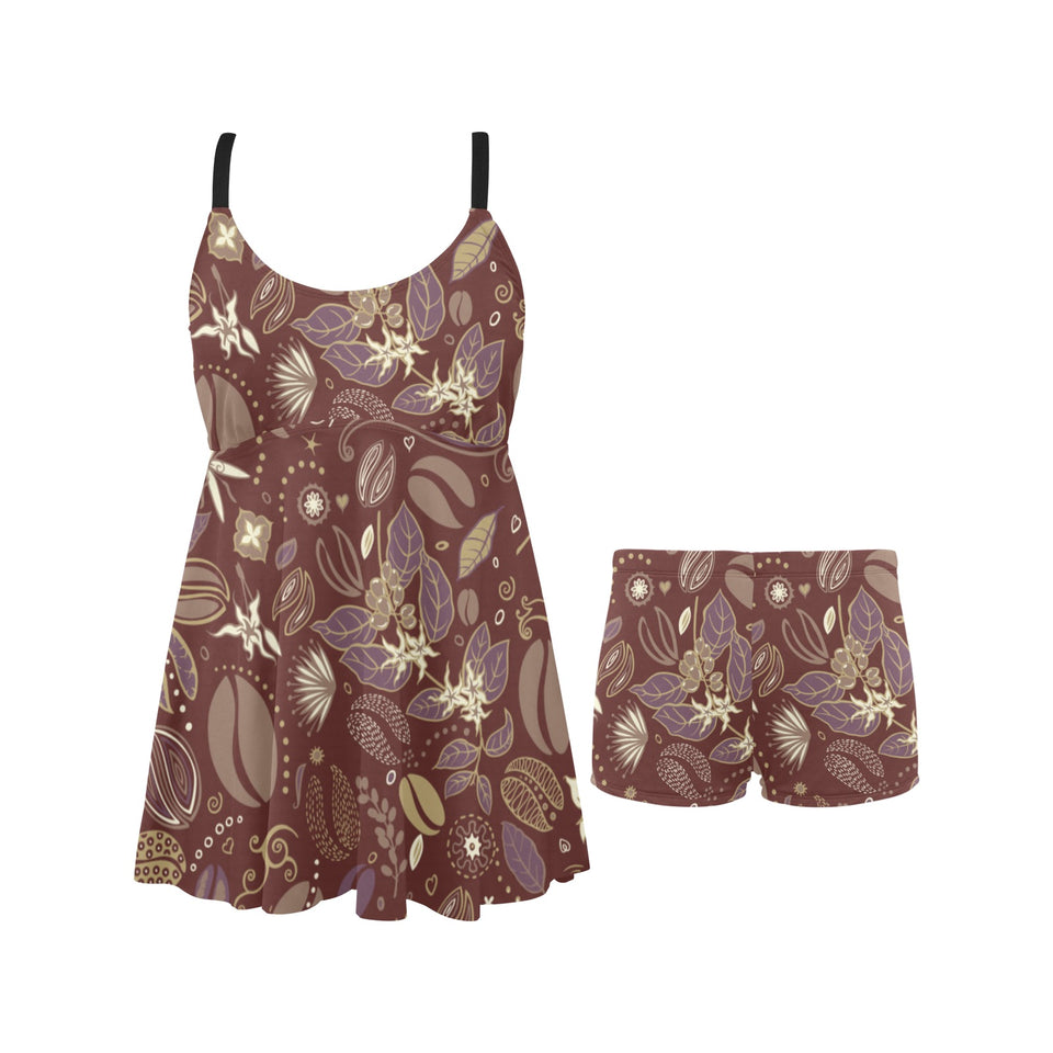Coffee bean flower pattern Chest Sexy Pleated Two Piece Swim Dress