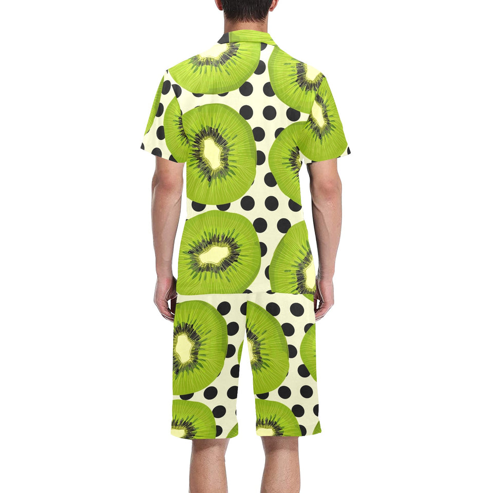 kiwi black dot background Men's V-Neck Short Pajama Set