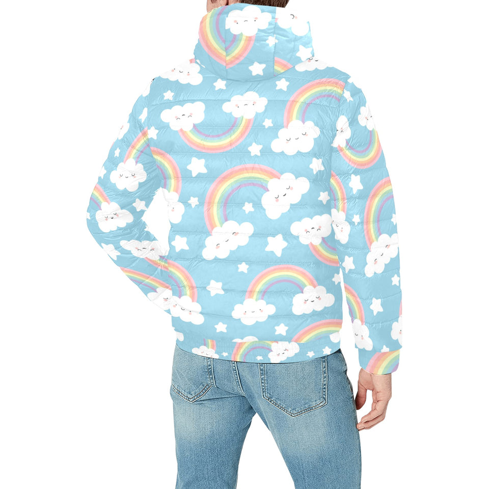 Cute rainbow clound star pattern blue background Men's Padded Hooded Jacket