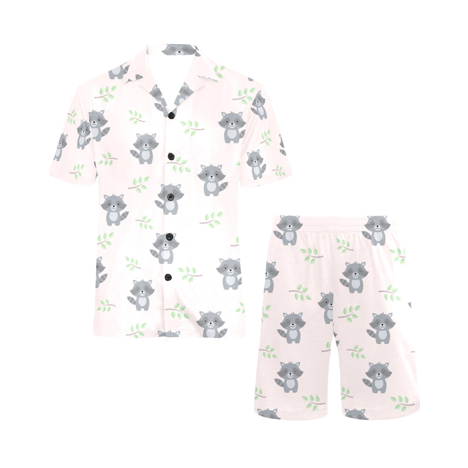 cute raccoons leaves pattern Men's V-Neck Short Pajama Set