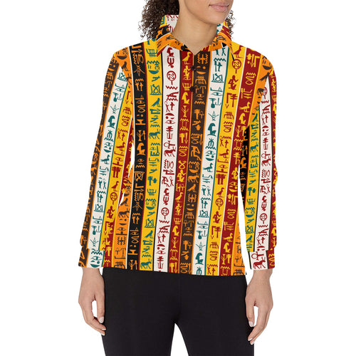 Egypt Hieroglyphics Pattern Print Design 01 Women's Long Sleeve Polo Shirt