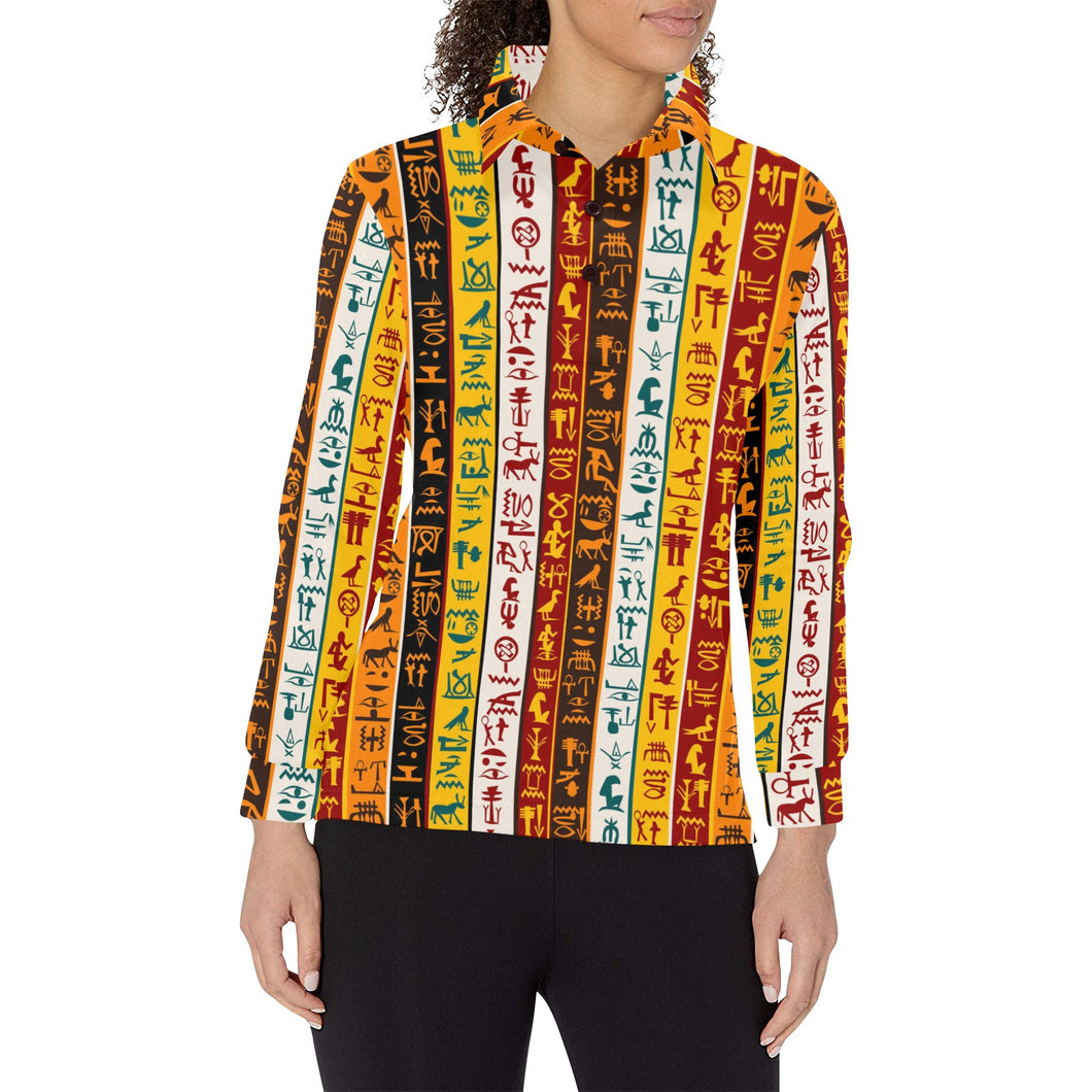Egypt Hieroglyphics Pattern Print Design 01 Women's Long Sleeve Polo Shirt