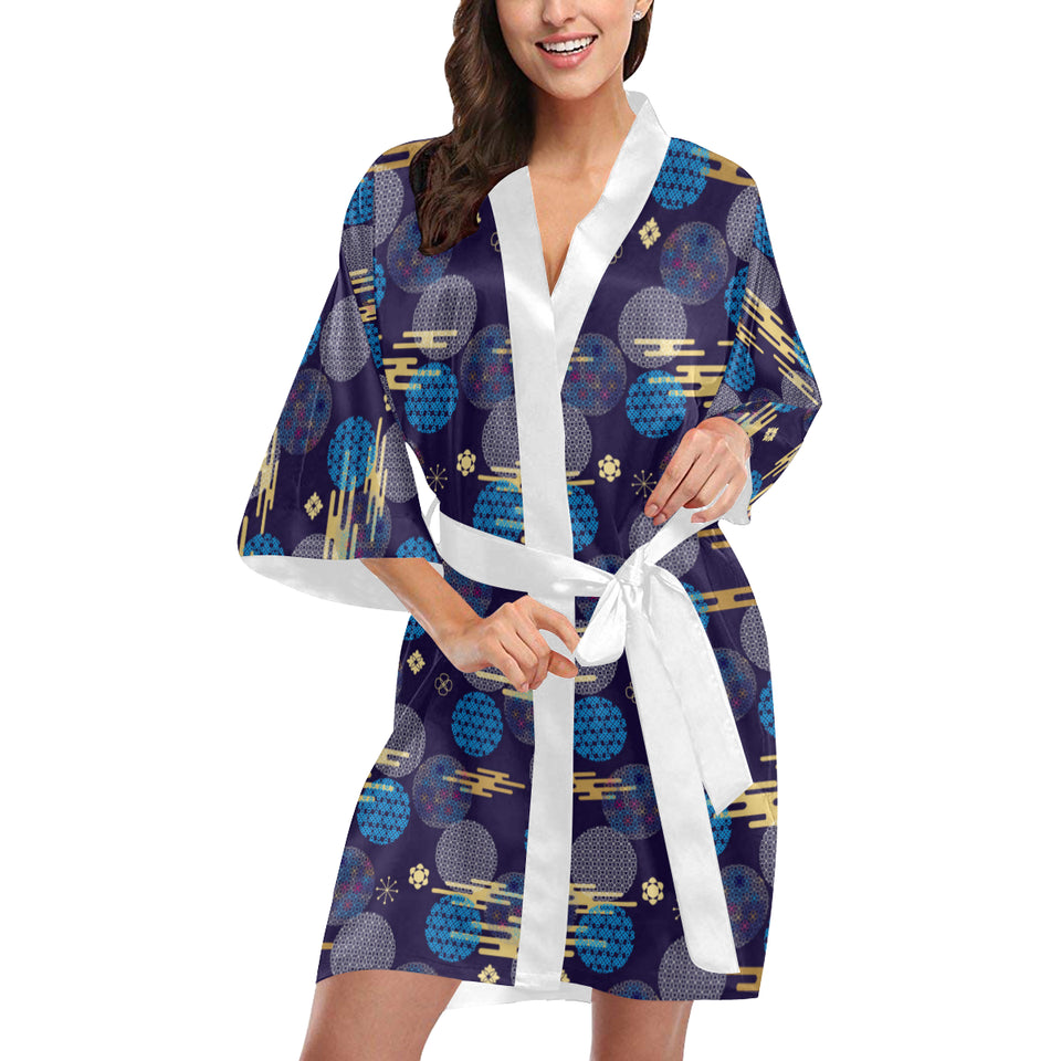 Blue japanese pattern cloud wave flower Women's Short Kimono Robe