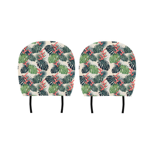 heliconia flowers, palm and monstera leaves Car Headrest Cover