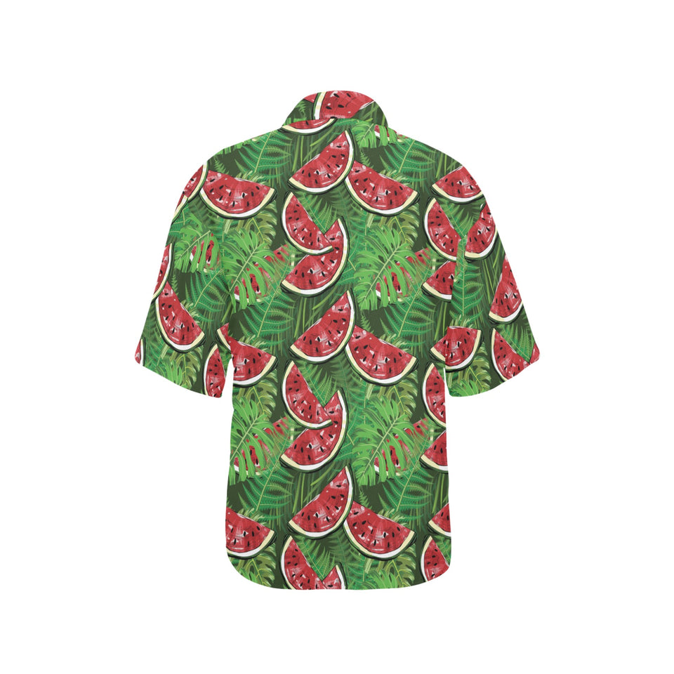Watermelons tropical palm leaves pattern backgroun Women's All Over Print Hawaiian Shirt