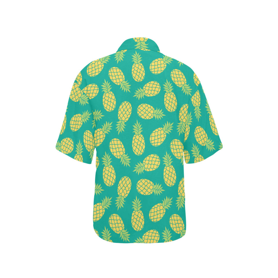 Pineapples pattern green background Women's All Over Print Hawaiian Shirt