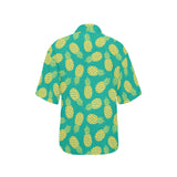 Pineapples pattern green background Women's All Over Print Hawaiian Shirt
