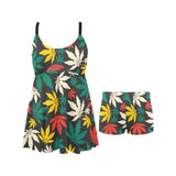 Canabis Marijuana Weed Pattern Print Design 02 Chest Sexy Pleated Two Piece Swim Dress