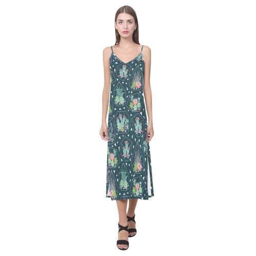 Cactus glass terrarium pattern V-Neck Open Fork Long Dress