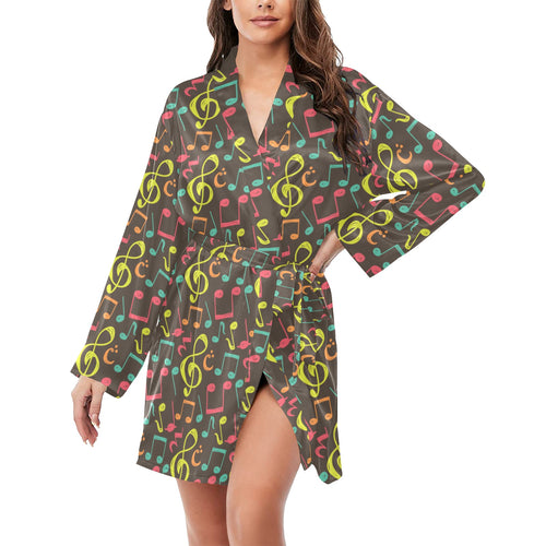Music Notes Pattern Print Design 05 Women's Long Sleeve Belted Night Robe