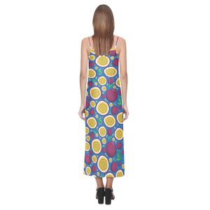 Passion fruit blue background V-Neck Open Fork Long Dress